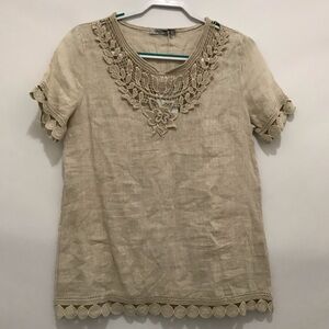 NWT Elena Baldi Elegant Beige Linen Lace Trim Top Size L